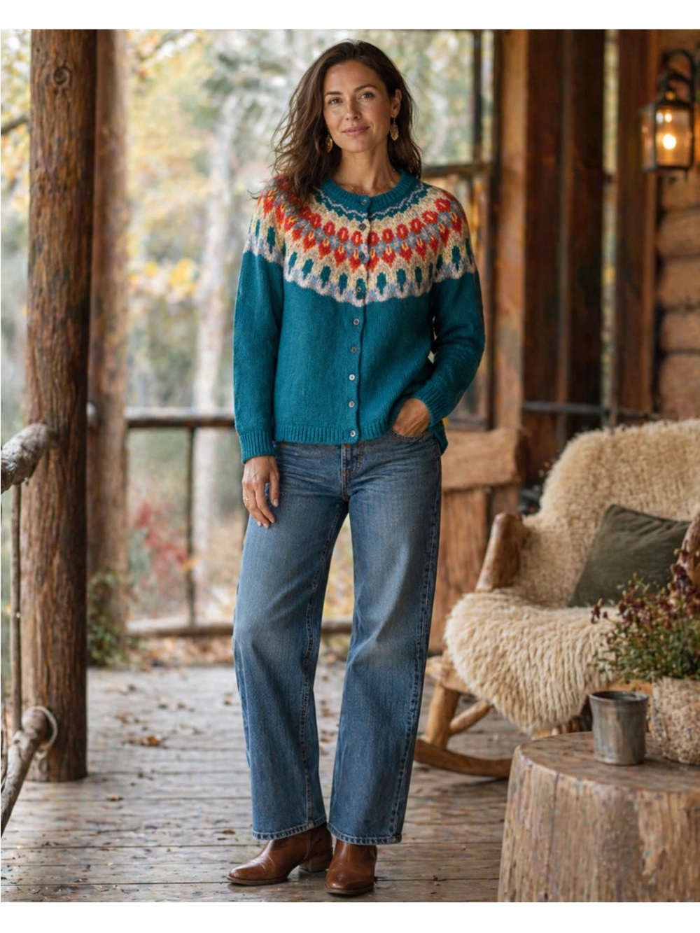 Sundance Kaleidoscope Bloom Fair Isle Teal Knit Cardigan Lambswool Nordic XS